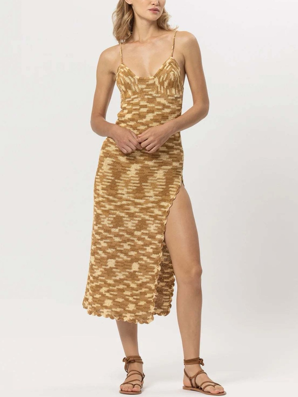 Anthropologie Lusana Crochet Slip Knit Maxi Dress with Side Slit